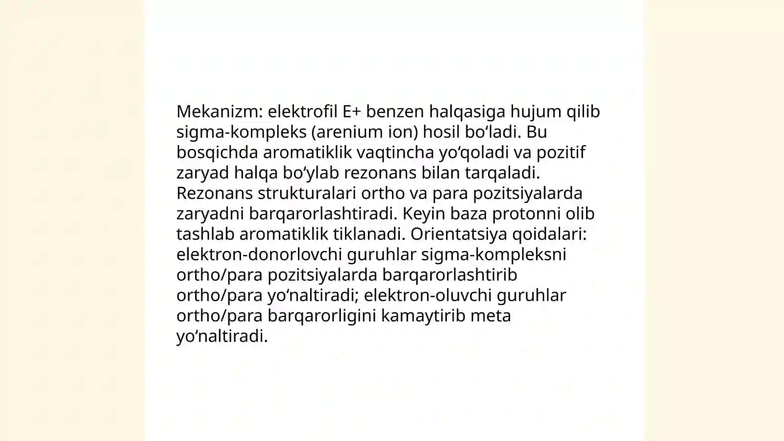 Aromatik qatordagi elektrofil almashinish. Orientatsiya qoidalarini tushuntirish 4