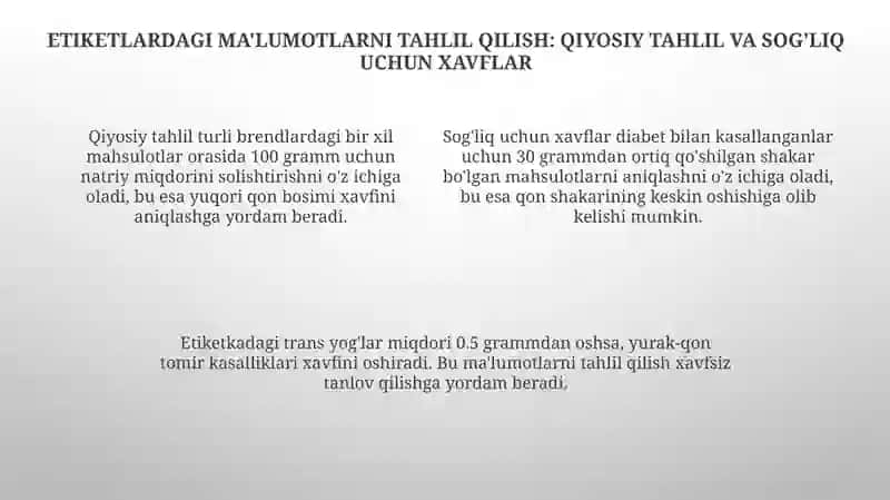 Oziq-ovqat mahsulotlarining tarkibi foydali va zararli xususiyatlarini yorliqlarini o‘rganish 4