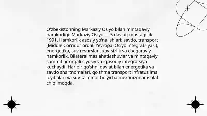 O'zbekiston Respublikasining jahon hamjamiyatda tutgan o'rni va rivojlanish istiqbollari 4