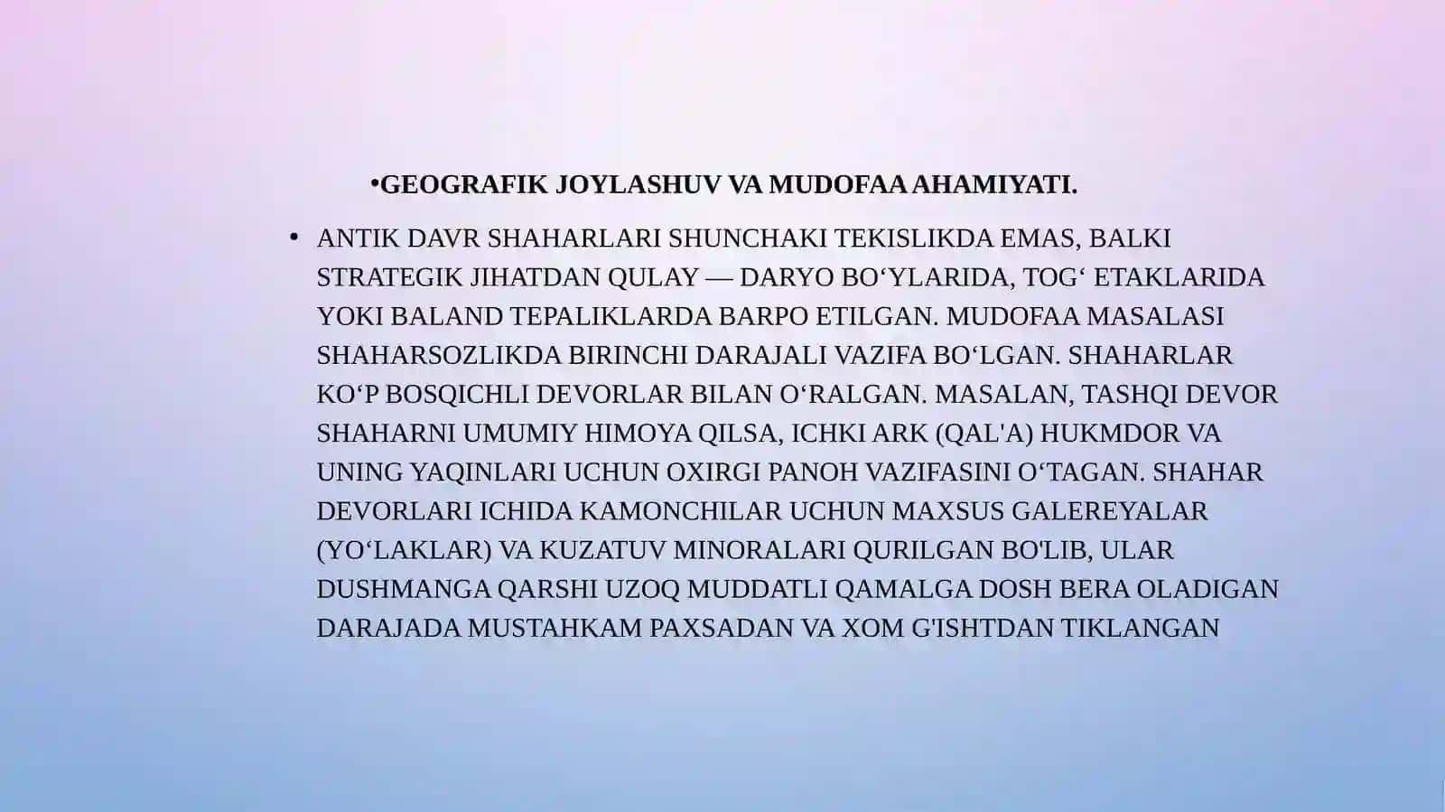 O‘RTA OSIYODA ANTIK DAVR SHAHARLARINING SHAKLLANISHI VA ME’MORCHILIK XUSUSIYATLARI 4