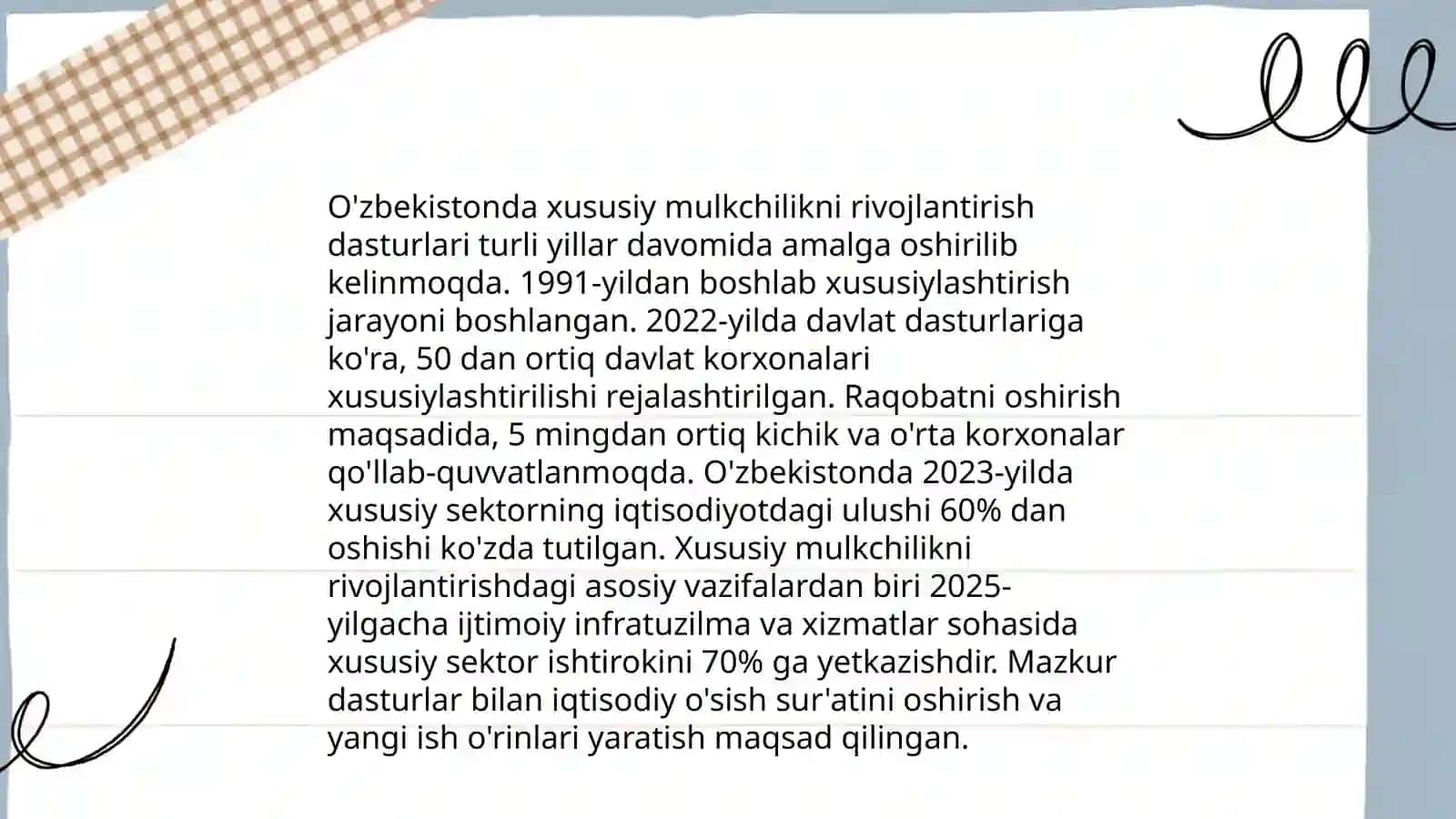 Iqtisodiy islohotlar,xususiy mulkchilikning shakllanishi.O‘zbekistonda bozor munosabatlarining rivojlanishi 4