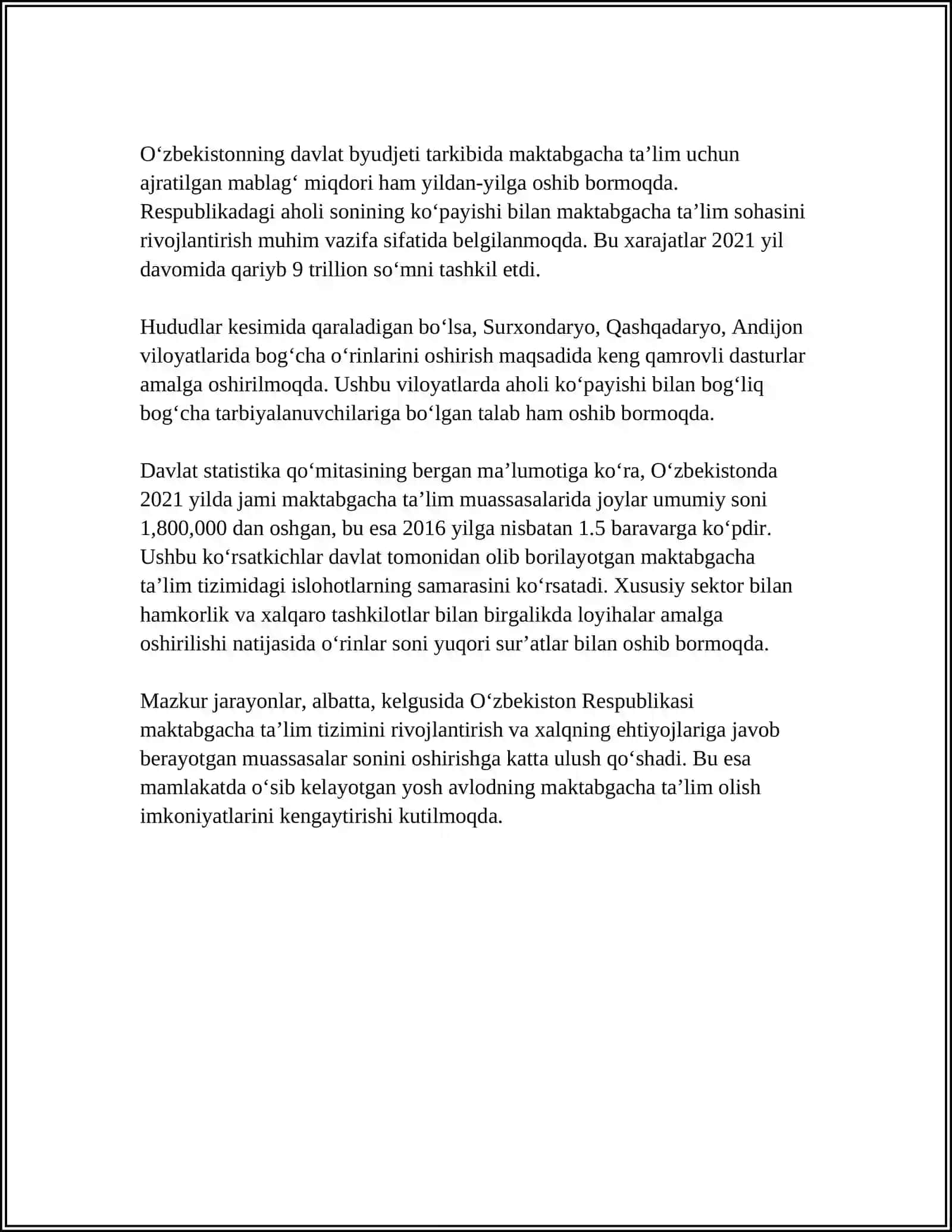 MUSTAQIL ISH: BOLALAR BOG‘CHALARI ( YASLILARDAGI ) O‘RINLAR SONI, MUAYYAN POSYOLKA AHOLISINING DEMOGRAFIK TUZILISHI 2024-2025-o'quv yili 4