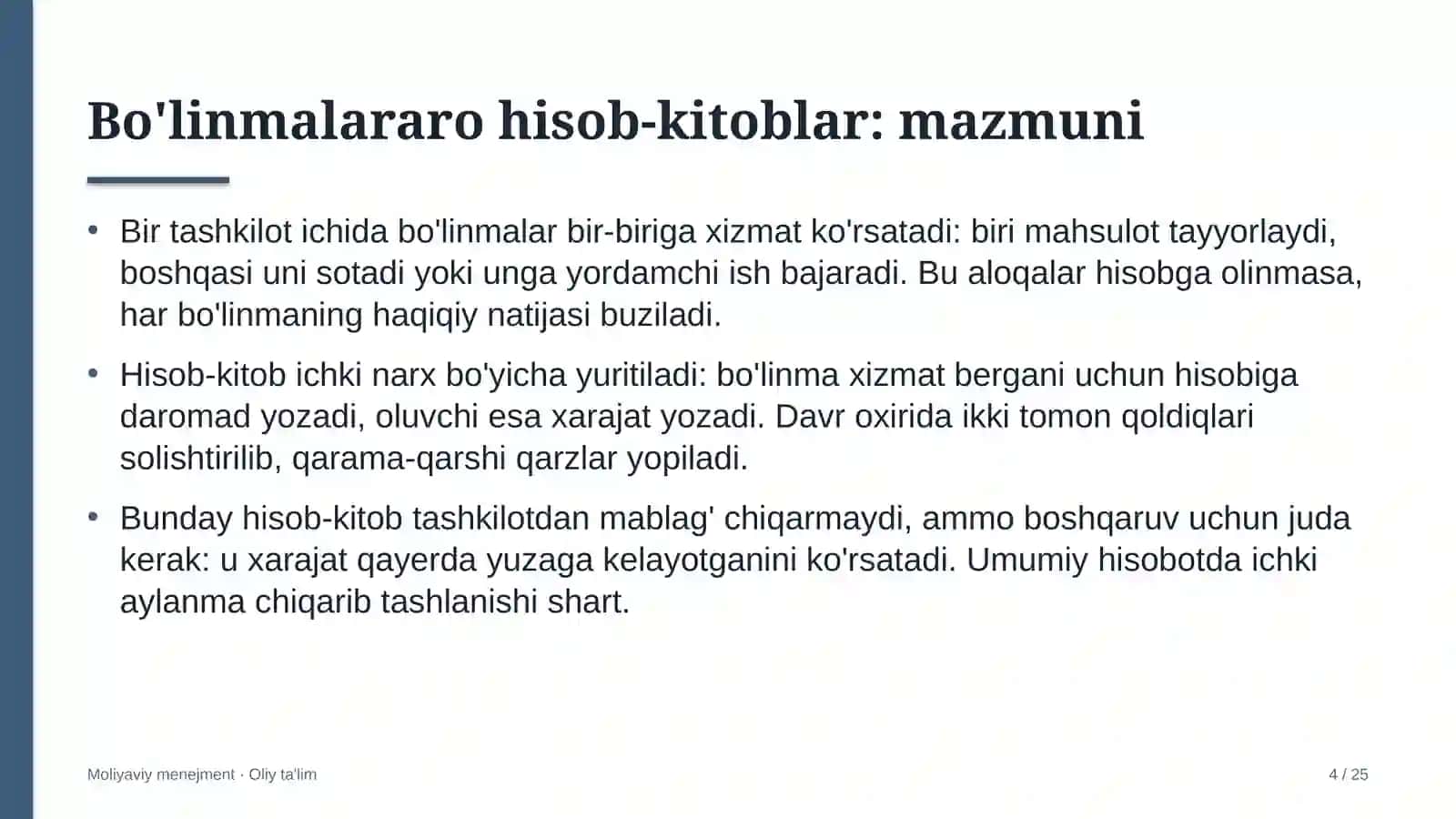 Suv omborlarida bo'linmalararo hisob-kitoblarni tashkil etish 4