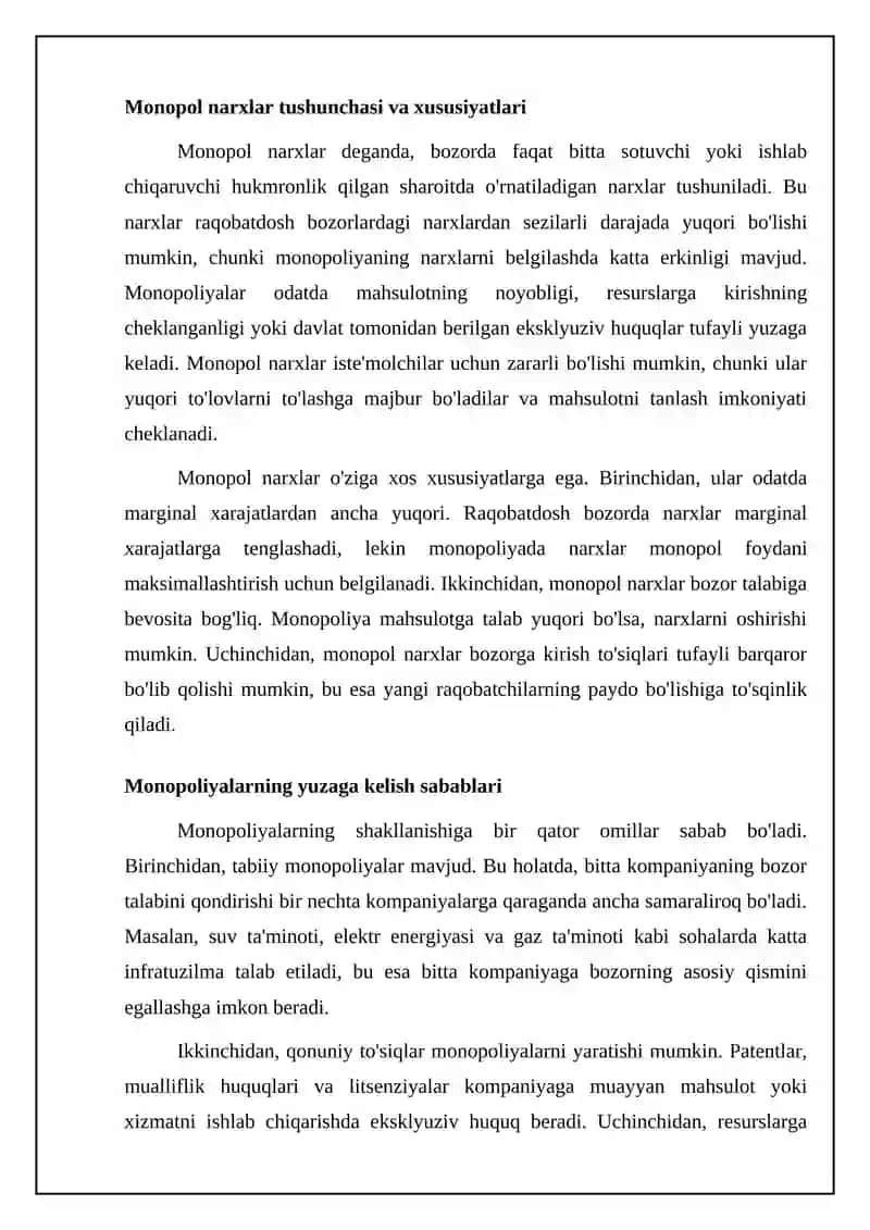 Raqobatlashgan bozor sharoitida monopol narxlar 4