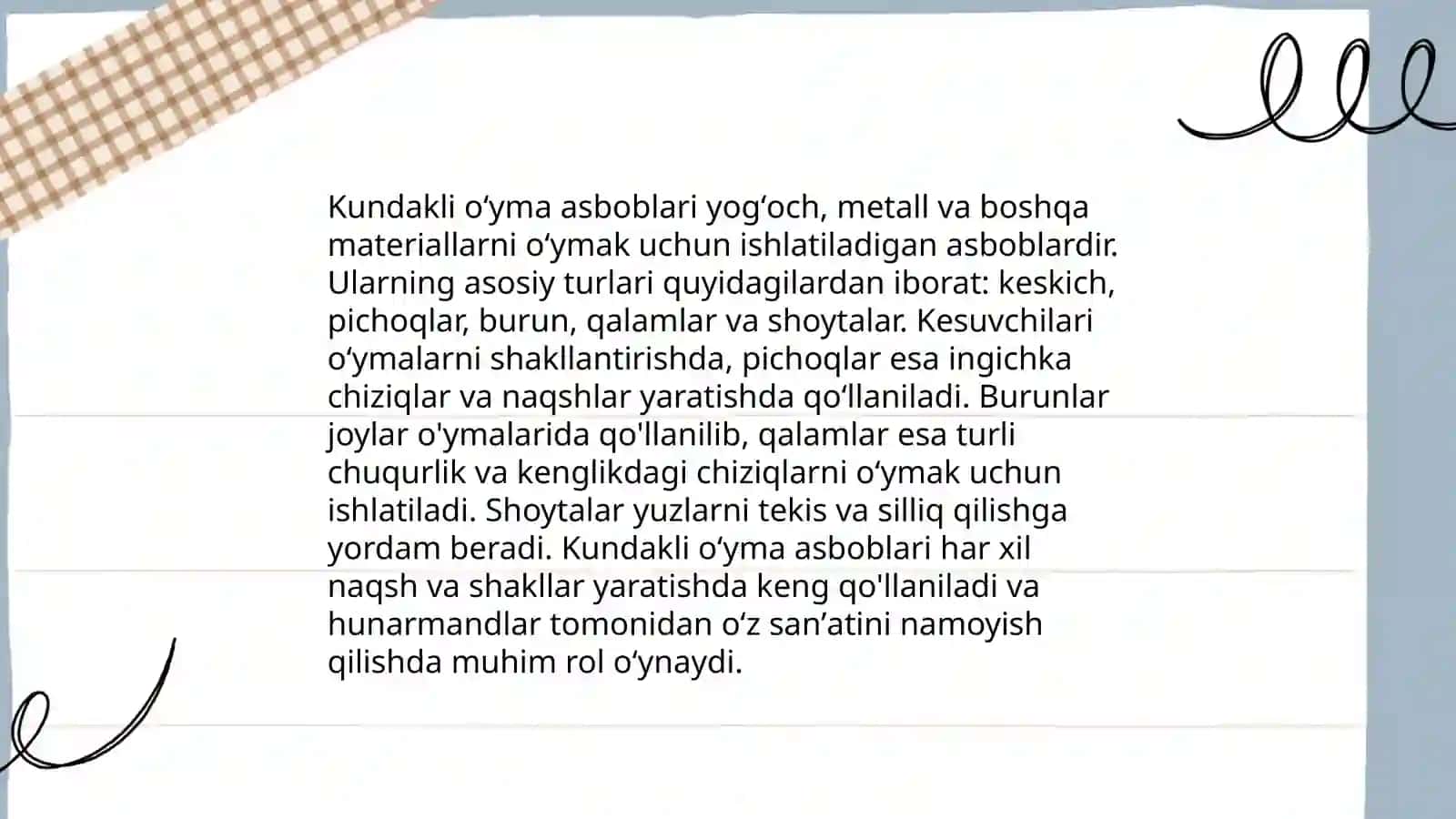 Yogʻoch oʻymakorligida ishlatiladigan asboblari, uskunalarni oʻrganish 4