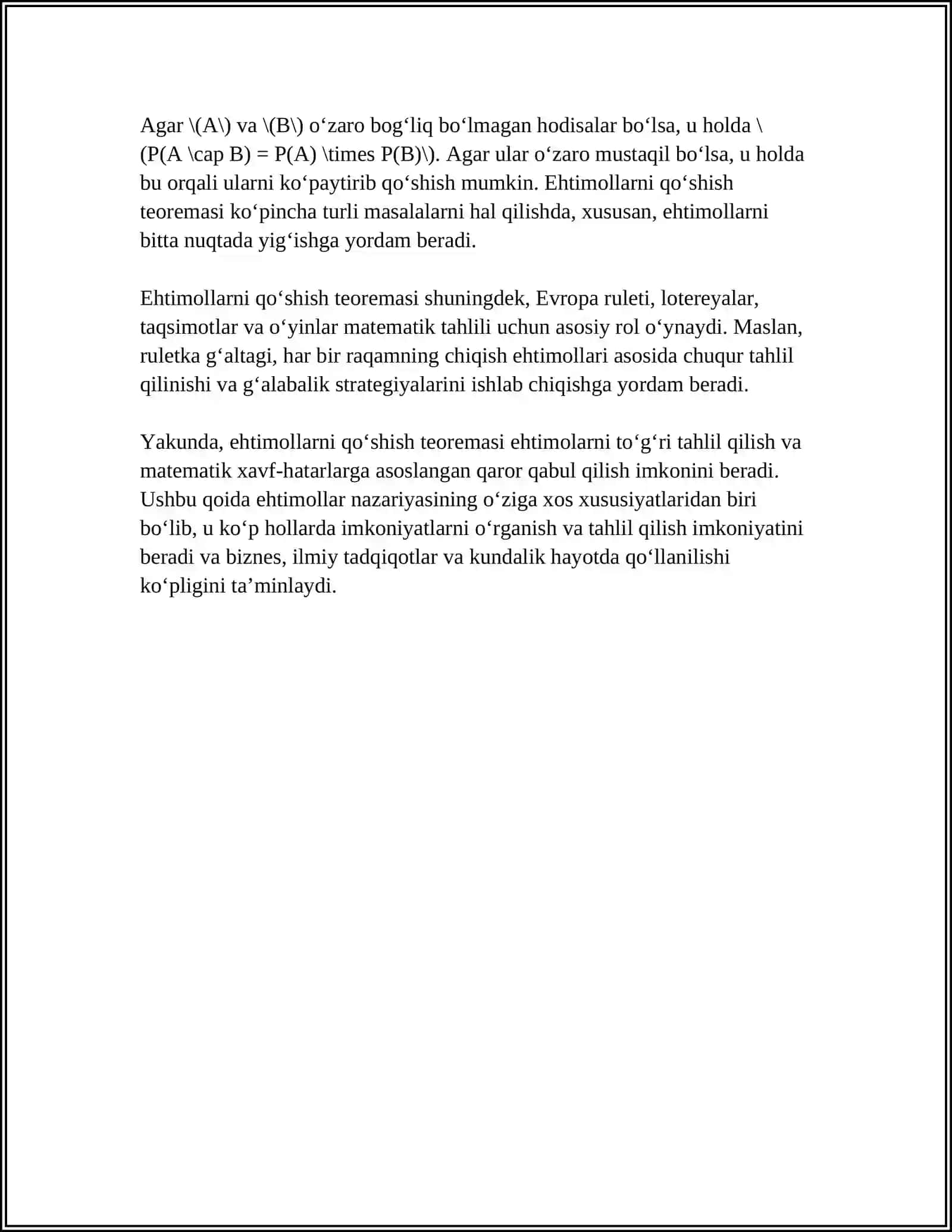 EHTIMOLLARNI QOʻSHISH VA KOʻPAYTIRISH TEOREMALARI, TEOREMALARIGA DOIR AMALIY TOPSHIRIQLAR BAJARISH 4