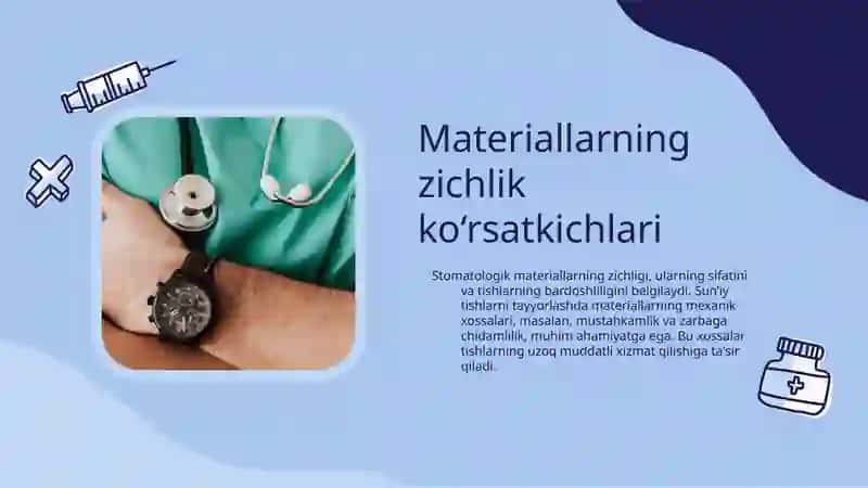 Stomatologik materiallarning fizik-mexanik xossalari. Tishning zichligini aniqlash. Sun’iy tishlarni tayyorlashda ishlatiladigan materiallarning mexanik xossalari 4