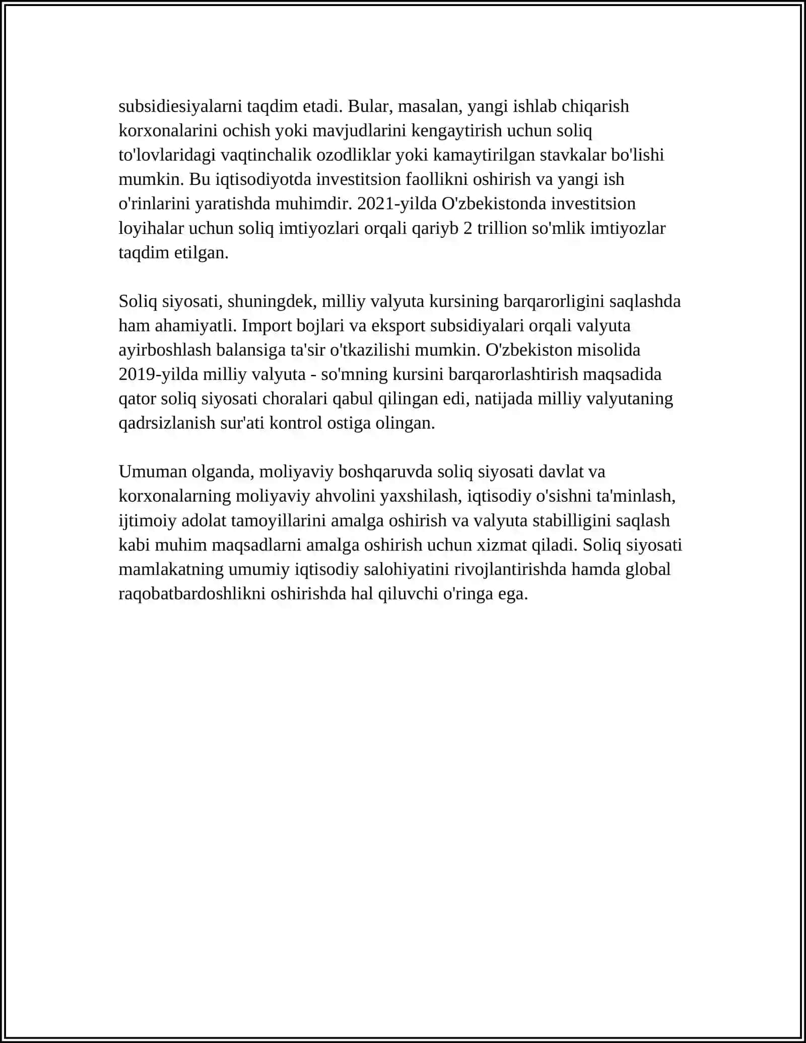 SOLIQ SOLISH: NATIJALIK VA OPTIMALLIK MASALALARI.MAMLAKAT FINANSI MANOSI VA ZARURLIGI 4