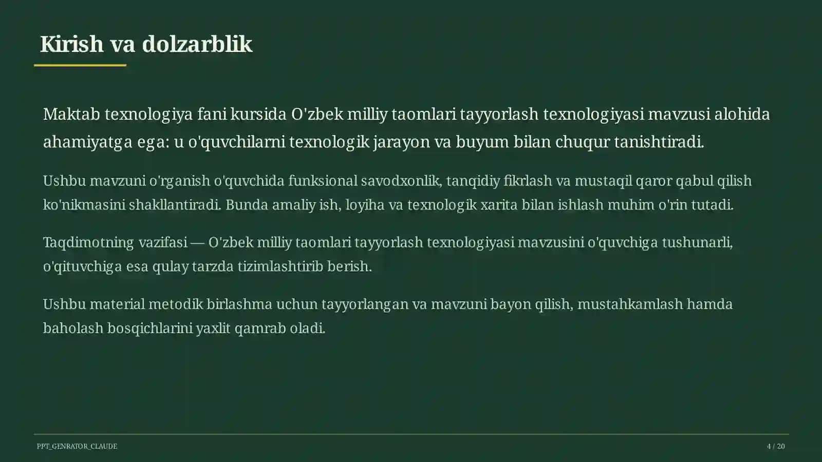 O'zbek milliy taomlari tayyorlash texnologiyasi (6-sinf) 4