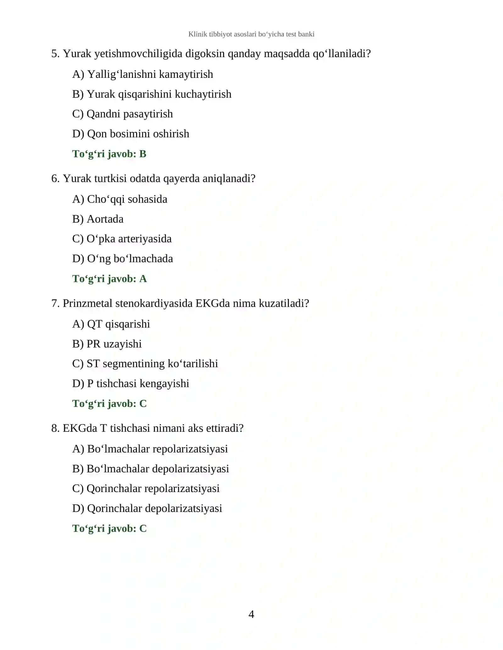 Klinik tibbiyot asoslari bo‘yicha test banki 4