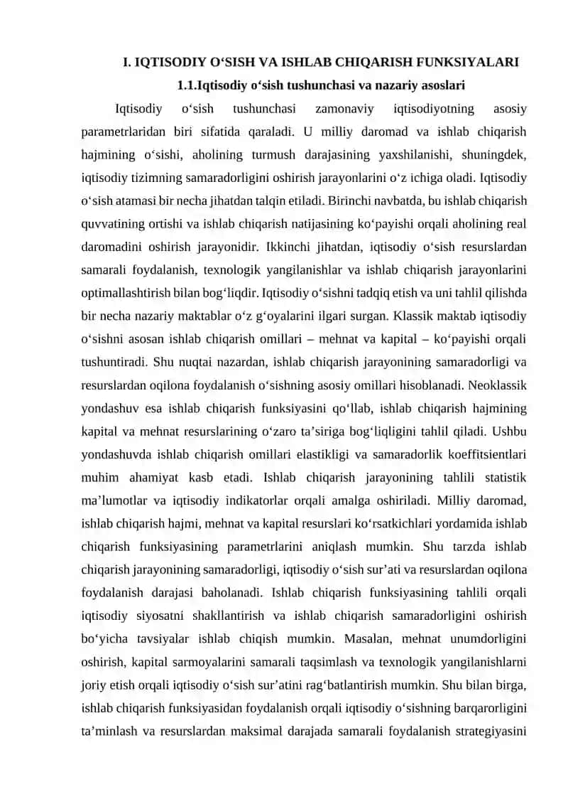 Iqtisodiy o‘sish jarayonini ishlab chiqarish funksiyalari yordamida tadqiq etish. 4