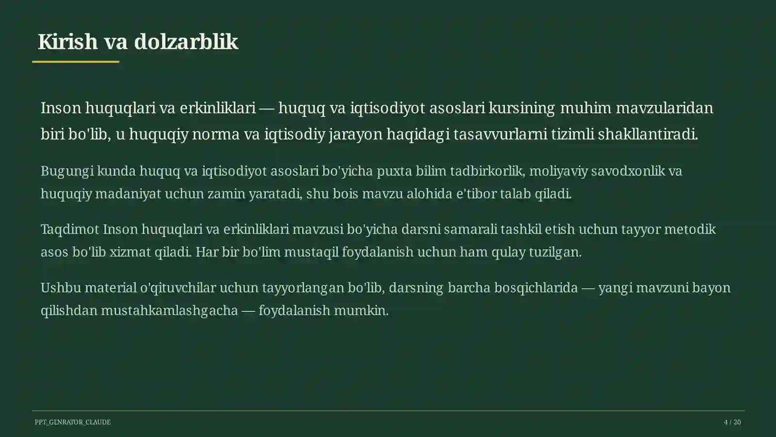 Inson huquqlari va erkinliklari (9-sinf) Huquq va iqtisodiyot asoslari (9–11) — o'qituvchilar uchun 4