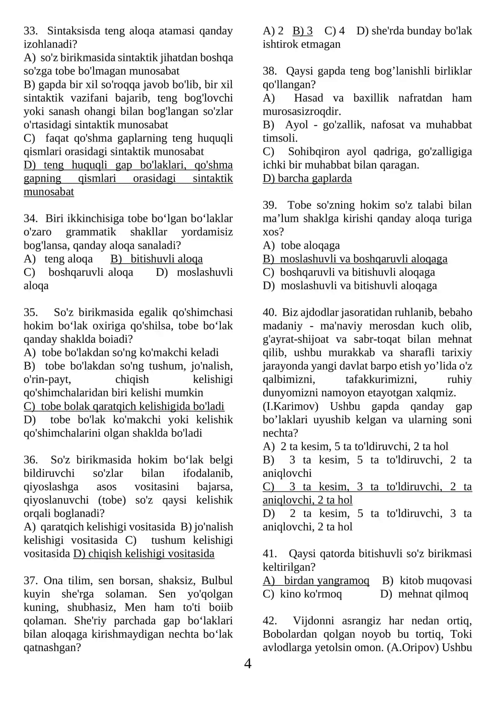 So'z birikmasi, gap bo'laklari testlar 4