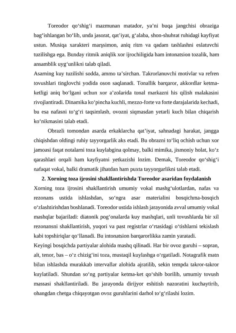 “Toreodor” Karmen operasidan J.Bize musiqasi. Xorning toza ijrosini shakllantirish. Ifodali ijroni ta’minlash 4