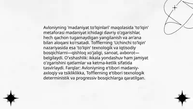 Avloniyning madaniyat to'lqinlari maqolasi va E Tofflerning uchinchi to'lqin asarini qiyosiy tahlil etish 4