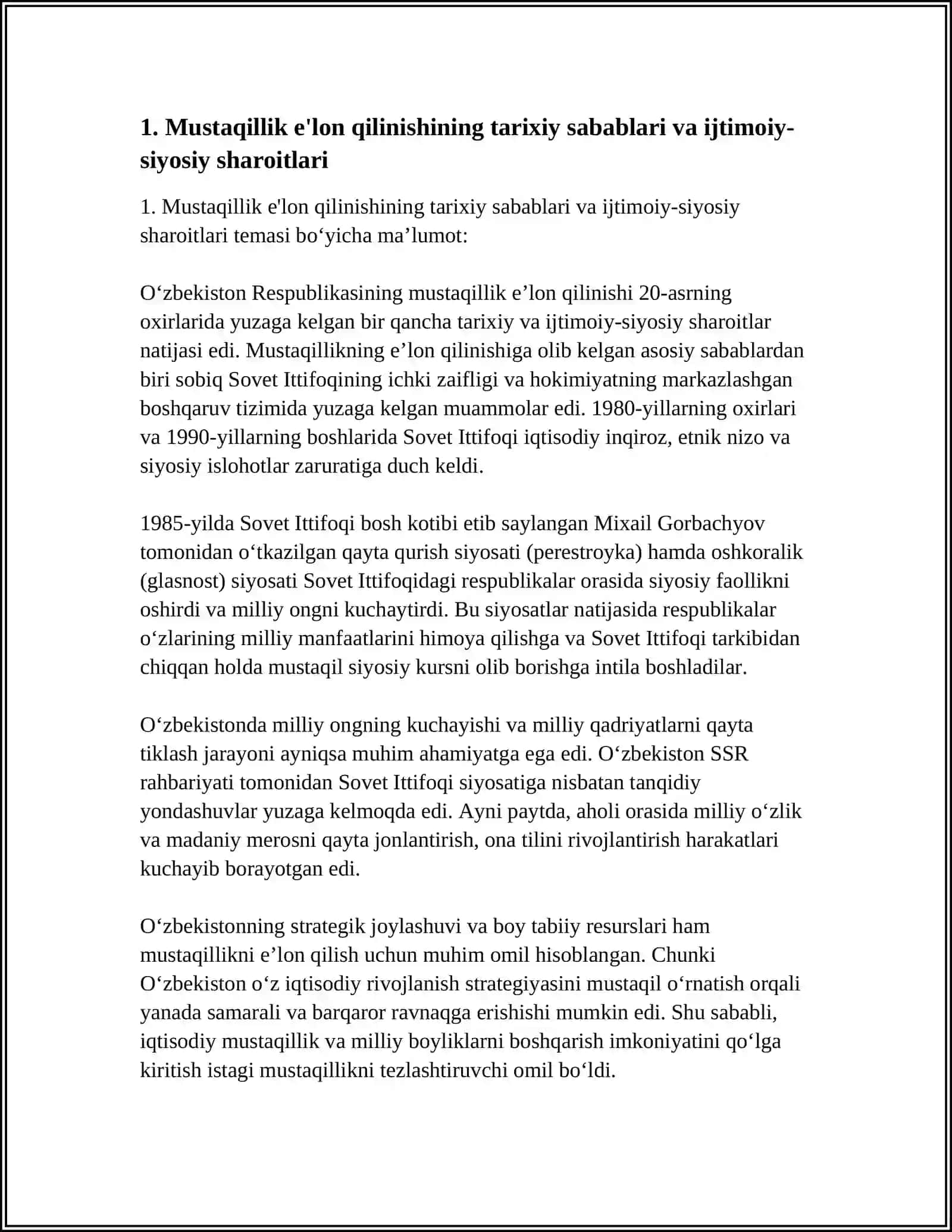 MUSTAQIL O‘ZBEKISTON RESPUBLIKASI TASHKIL TOPISHINING TARIXIY AHAMIYATI 4