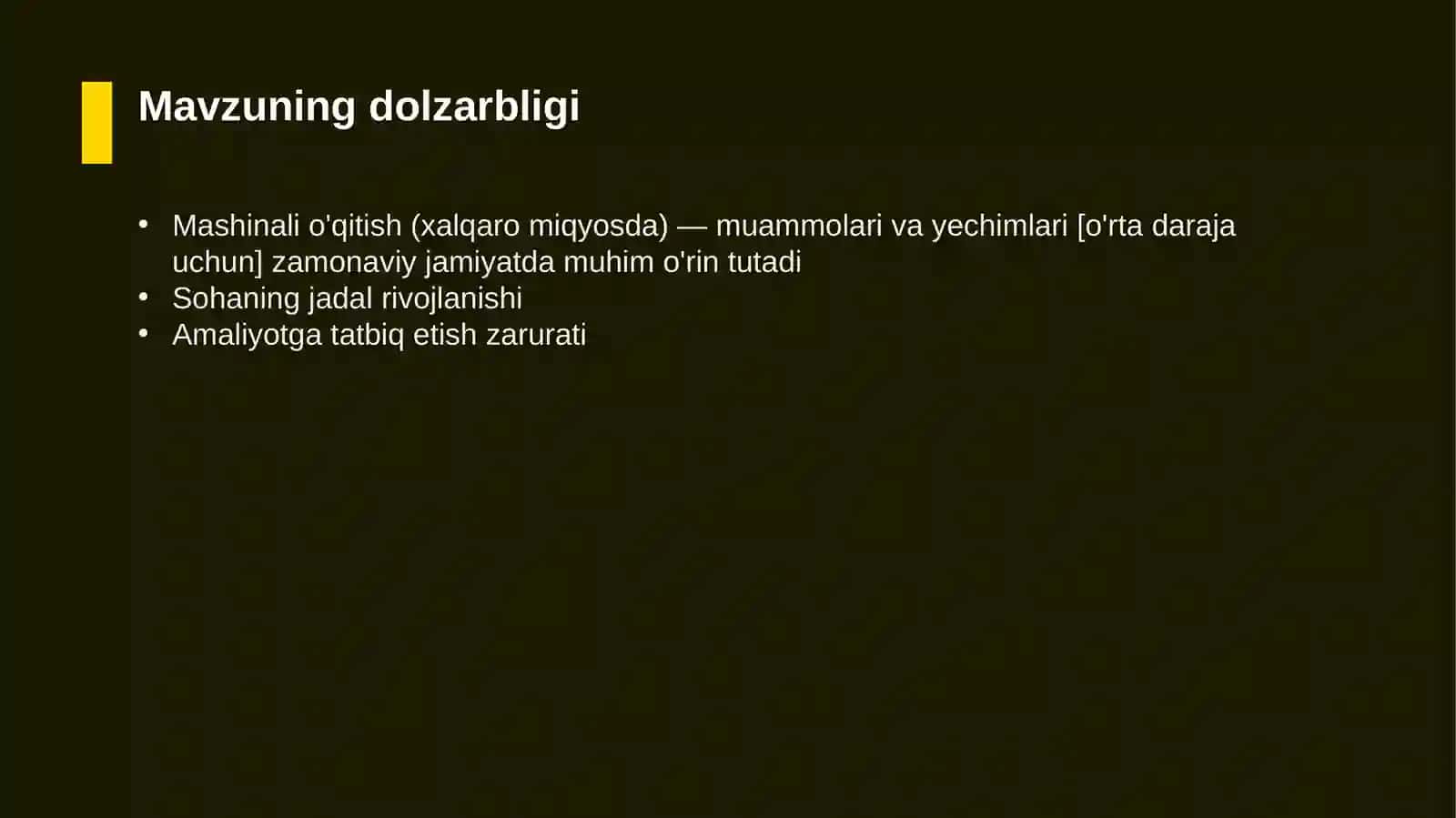 Mashinali o'qitish (xalqaro miqyosda) — muammolari va yechimlari [o'rta daraja uchun] 4