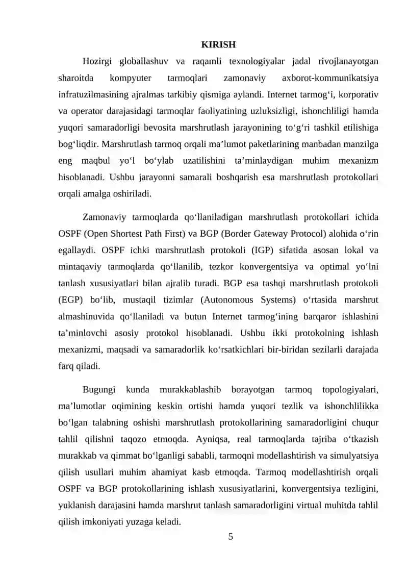 Marshrutlash protokollari OSPF va BGP asosida tarmoqni modellashtirish samaradorligini tahlil qilish 4