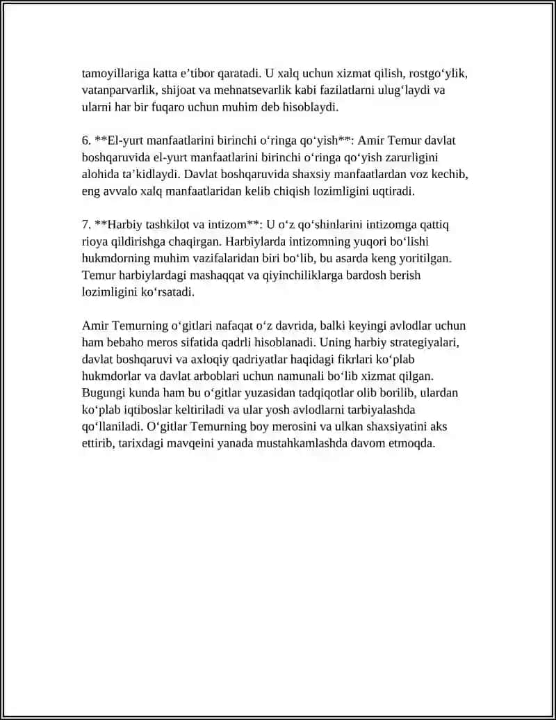AMIR TEMUR O‘GITLARI VA MIRZO ULUG‘BEKNING PEDAGOGIK, MA’NAVIY– MA’RIFIY G‘OYALARI TAHLIL QILINIB XRONOLOGIK JADVAL VA GLOSSARIY TAYYORLASH 4