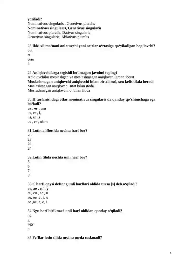Lotin tili test, Davolash, Pediatriya, Stomatologiya, Farmatsiya, Oliy hamshiralik yo'nalishi uchun 4