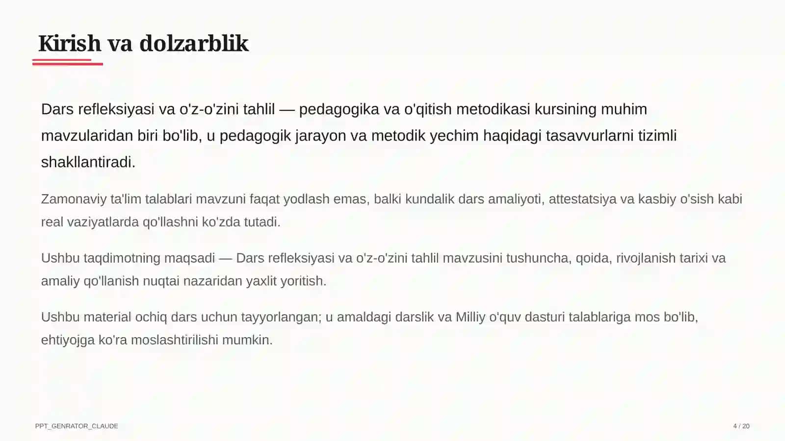 Dars refleksiyasi va o'z-o'zini tahlil 4