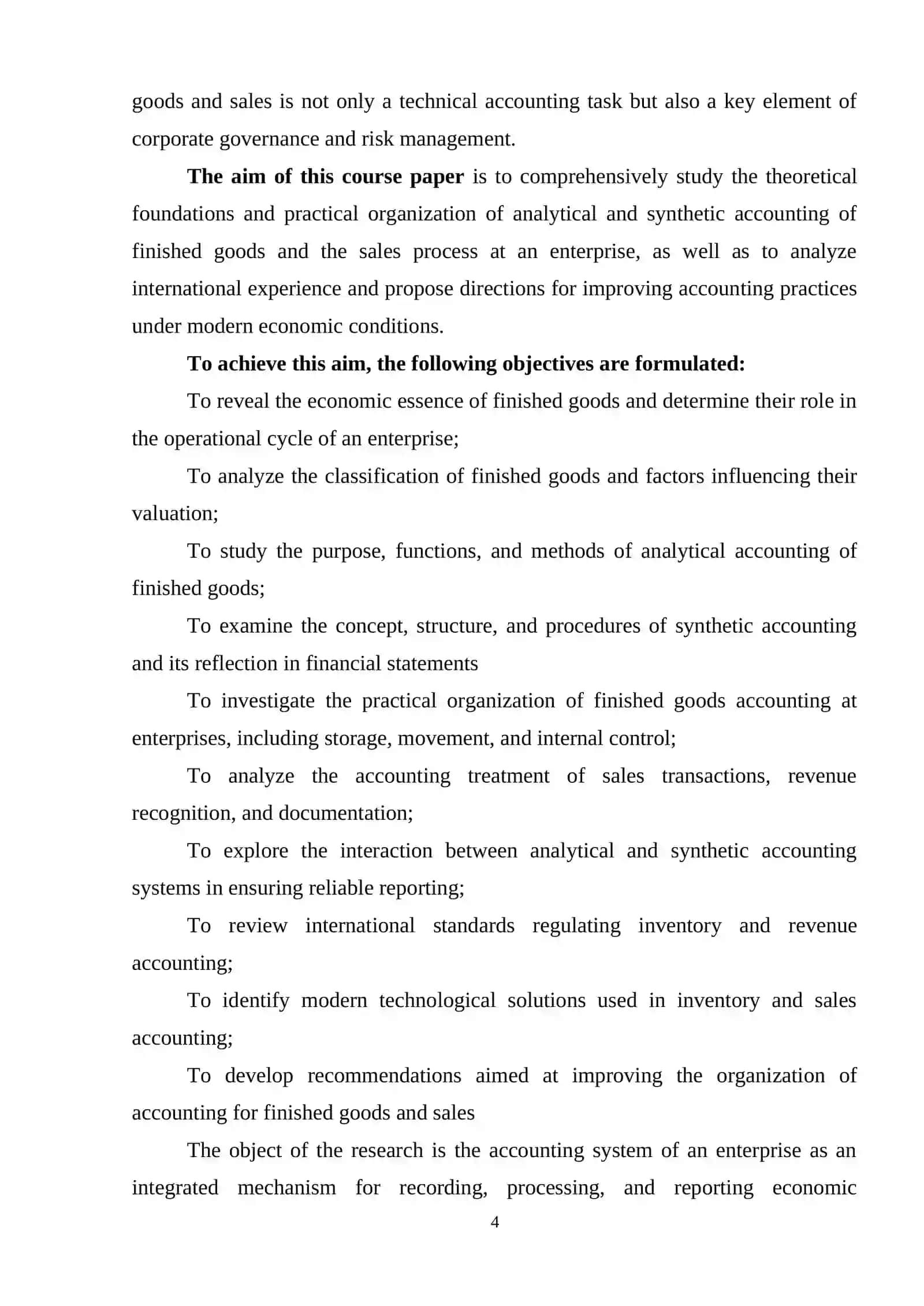 ORGANIZATION OF ANALYTICAL AND SYNTHETIC ACCOUNTING OF FINISHED GOODS AND THE SALES PROCESS AT AN ENTERPRISE 4