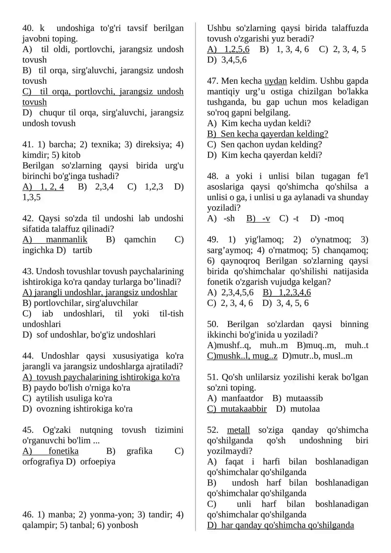 Fonetika, Grafiya, Orfografiya, Orfoepiya testlar 4