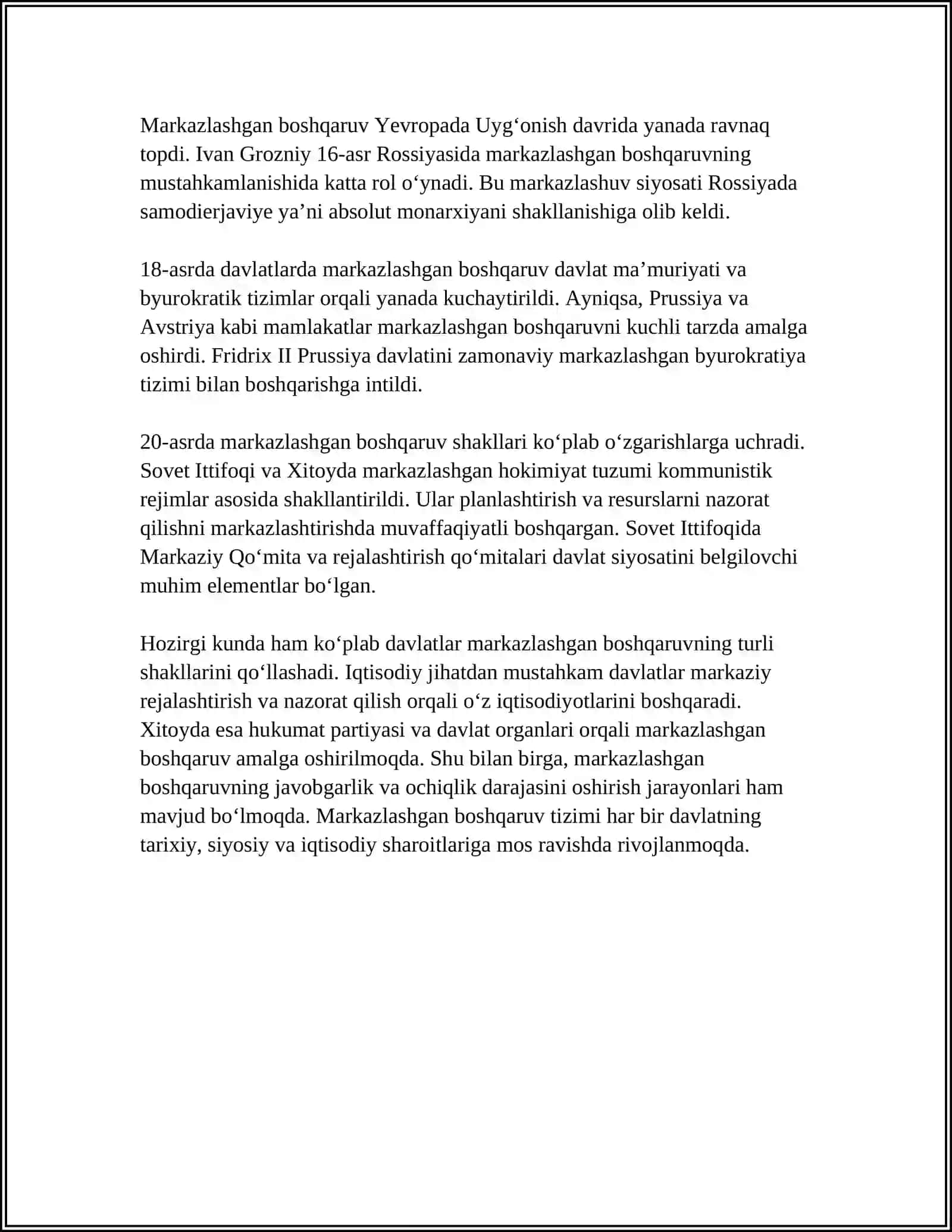 MUSTAQIL ISH Mavzu: O‘ZBEKISTONDA MARKAZLASHGAN DAVLAT MUAMMOSI 4