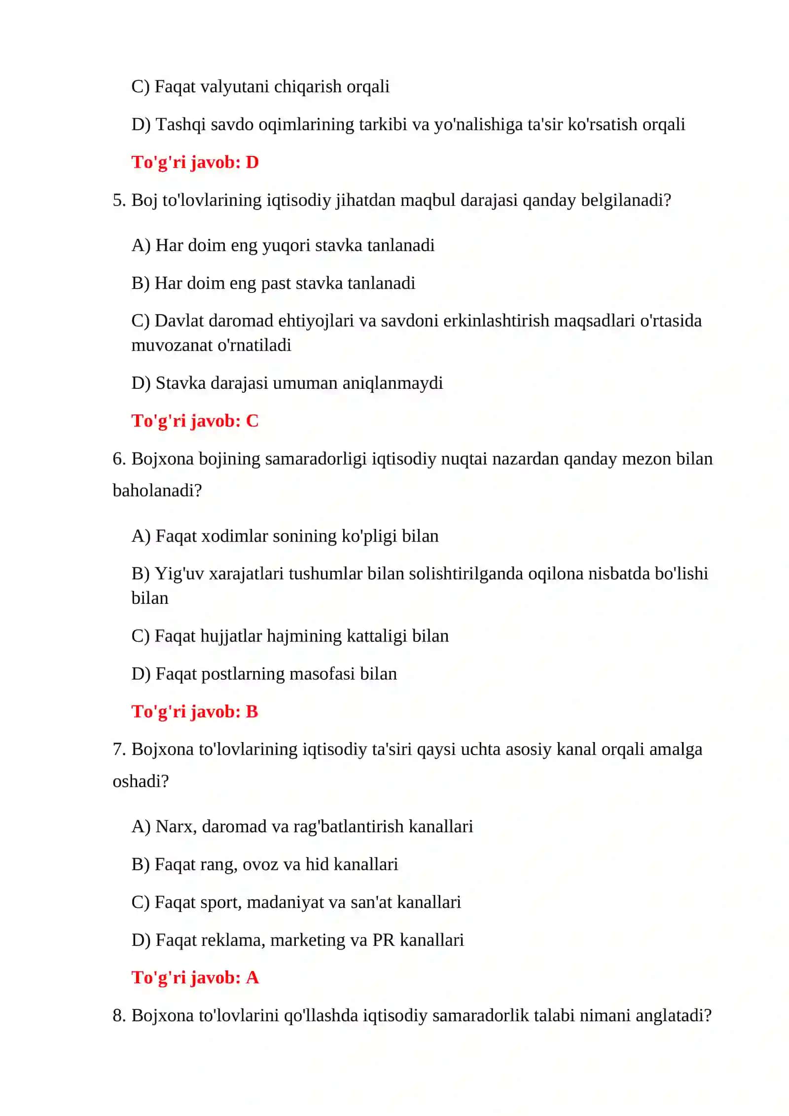 BOJXONA IQTISODIYOTI 100 TA TEST 4