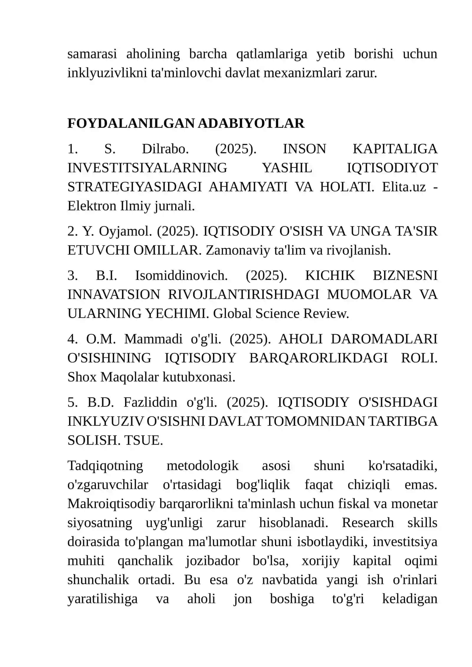 IQTISODIY O‘SISHGA INVESTITSIYA VA DAROMAD OMILLARINING TA’SIRI: RESEARCH SKILLS ASOSIDAGI TAHLILIY TADQIQOT 4