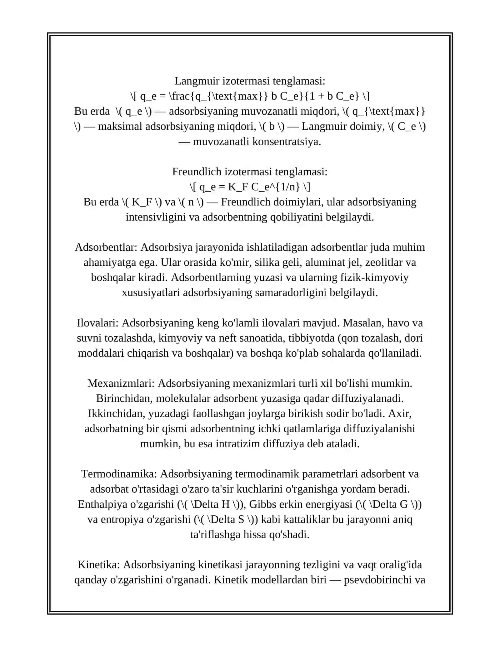 ADSORBSIYA.ADDRSORBSIYA USULIDA MODDALARNING ADSORBENT SIRTIDA YUTILISH DARAJALARINI OʻRGANISH.KIMYOVIY REAKSIYALARNING TEZLIGIGA TAʼSIR ETUVCHI OMILLAR 4
