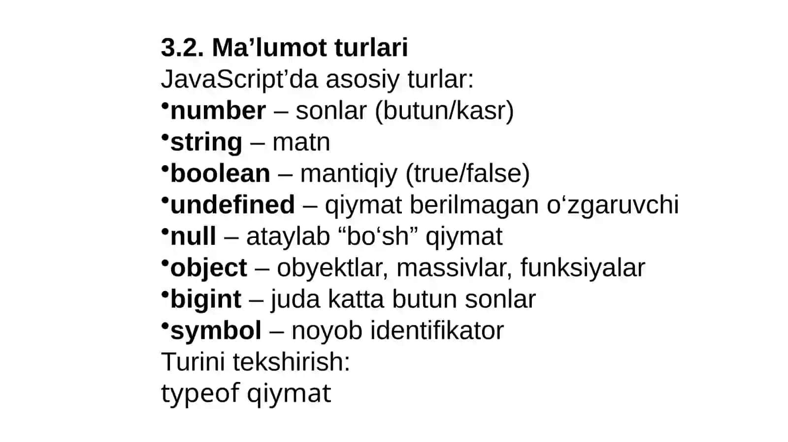 O‘zgaruvchilar va ma’lumot turlari (JavaScript) 4