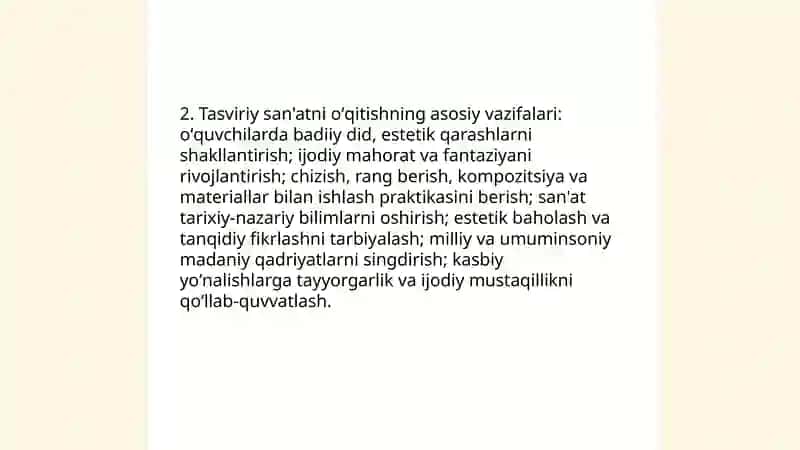 Tasviriy san'atni oʻqitish maxsus metodikasi fanining predmeti va vazifalari 4
