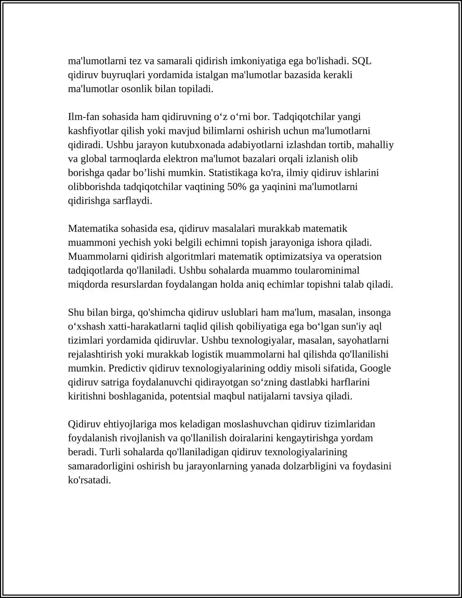 MAʼLUMOTLARNI QIDIRISH USULLARI VA ULARNING SAMARADORLIGI.QIDIRUV TUSHUNCHASI VA UNING VAZIFALARI 4