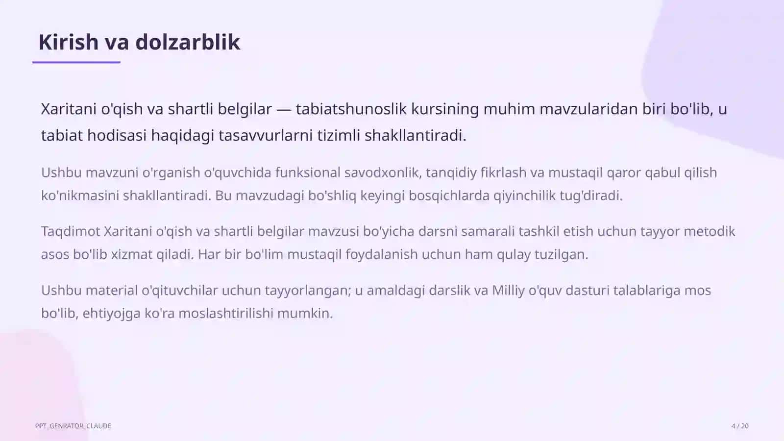 Xaritani o'qish va shartli belgilar (4-sinf) 4