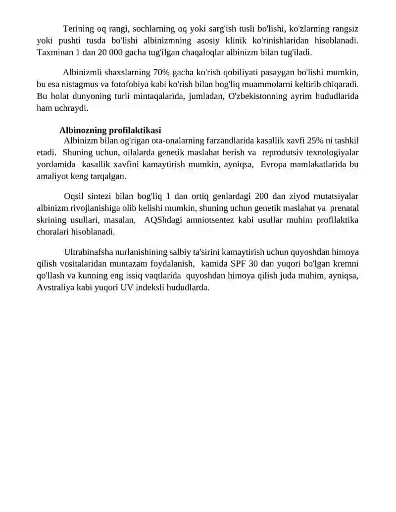 Albinizm. Etiopatogenezi, klinikasi, diagnostikasi, davolash va profilaktikasi. 4
