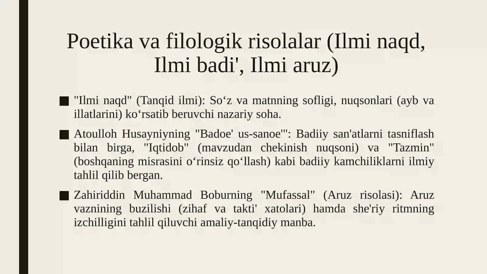 O‘zbek adabiy tanqidining ilk manbalari va mumtoz davr estetik-tanqidiy qarashlari. 4