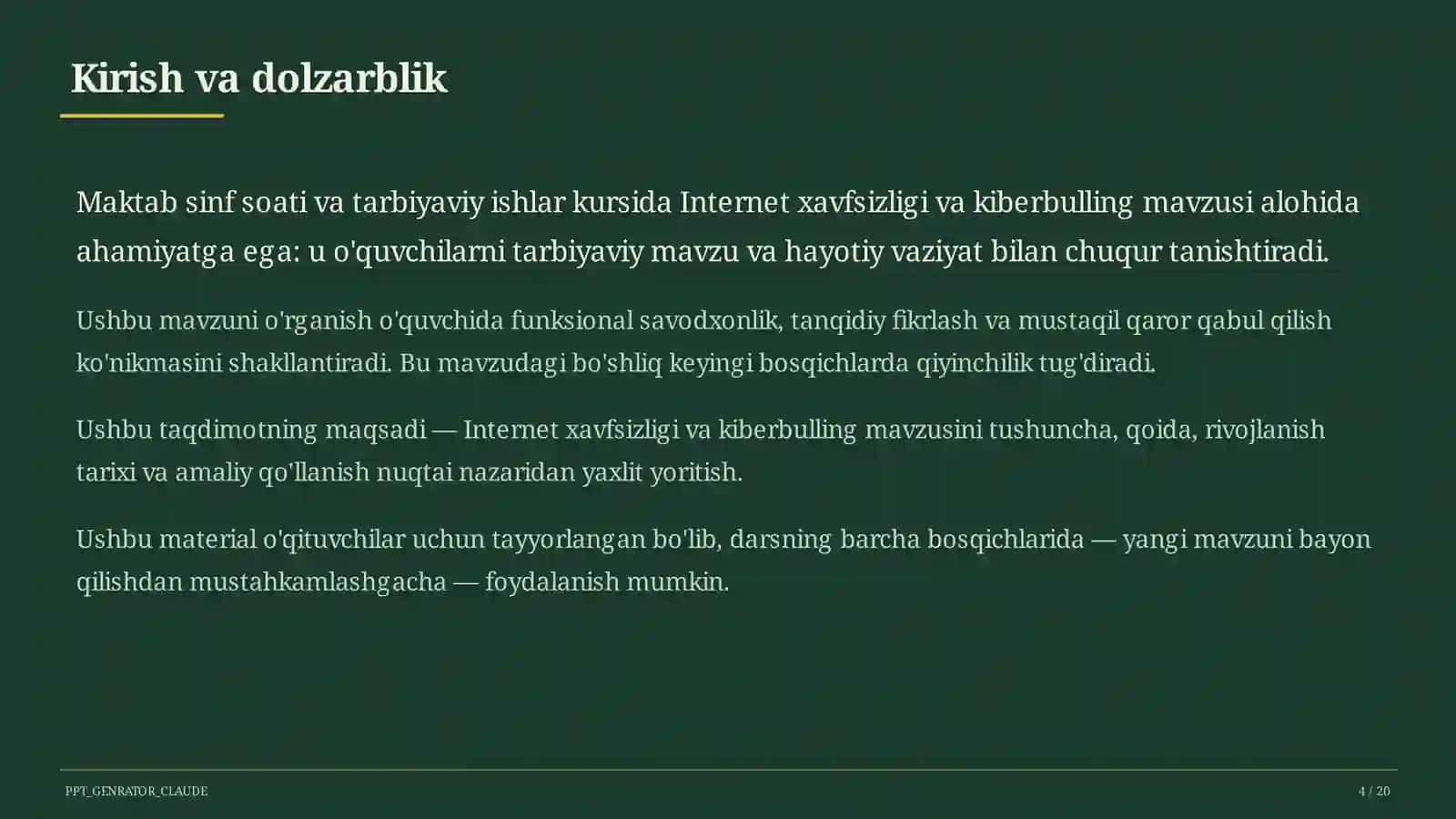 Sinf soati va tarbiyaviy tadbirlar (1–11) — o'qituvchilar uchun 4