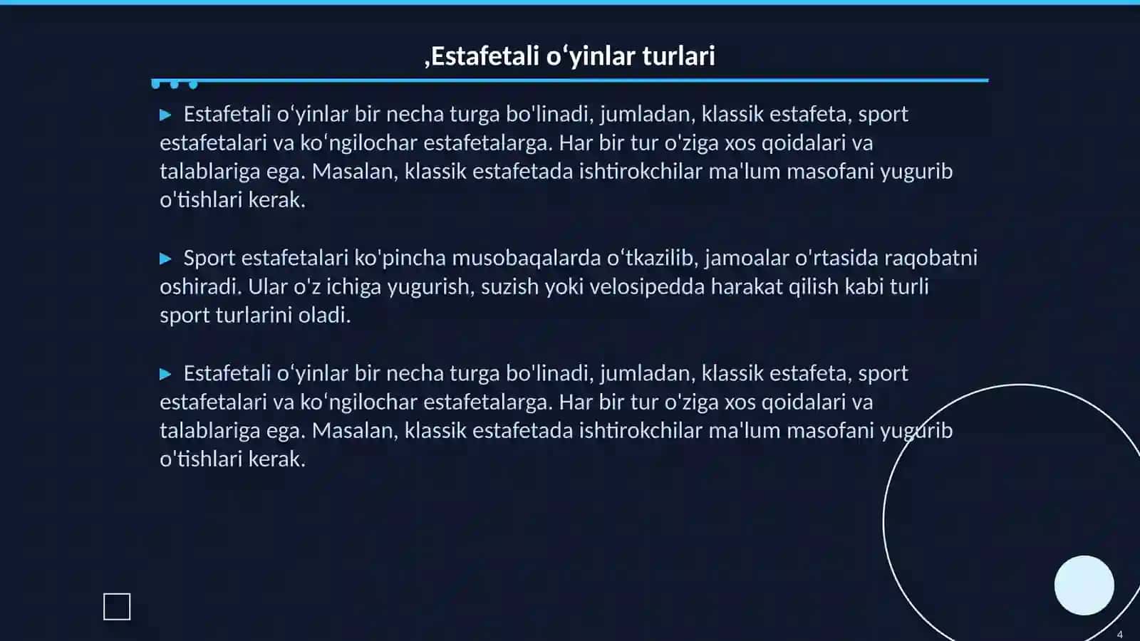 Estafetali harakatli o‘yinlarni o‘tkazish 4
