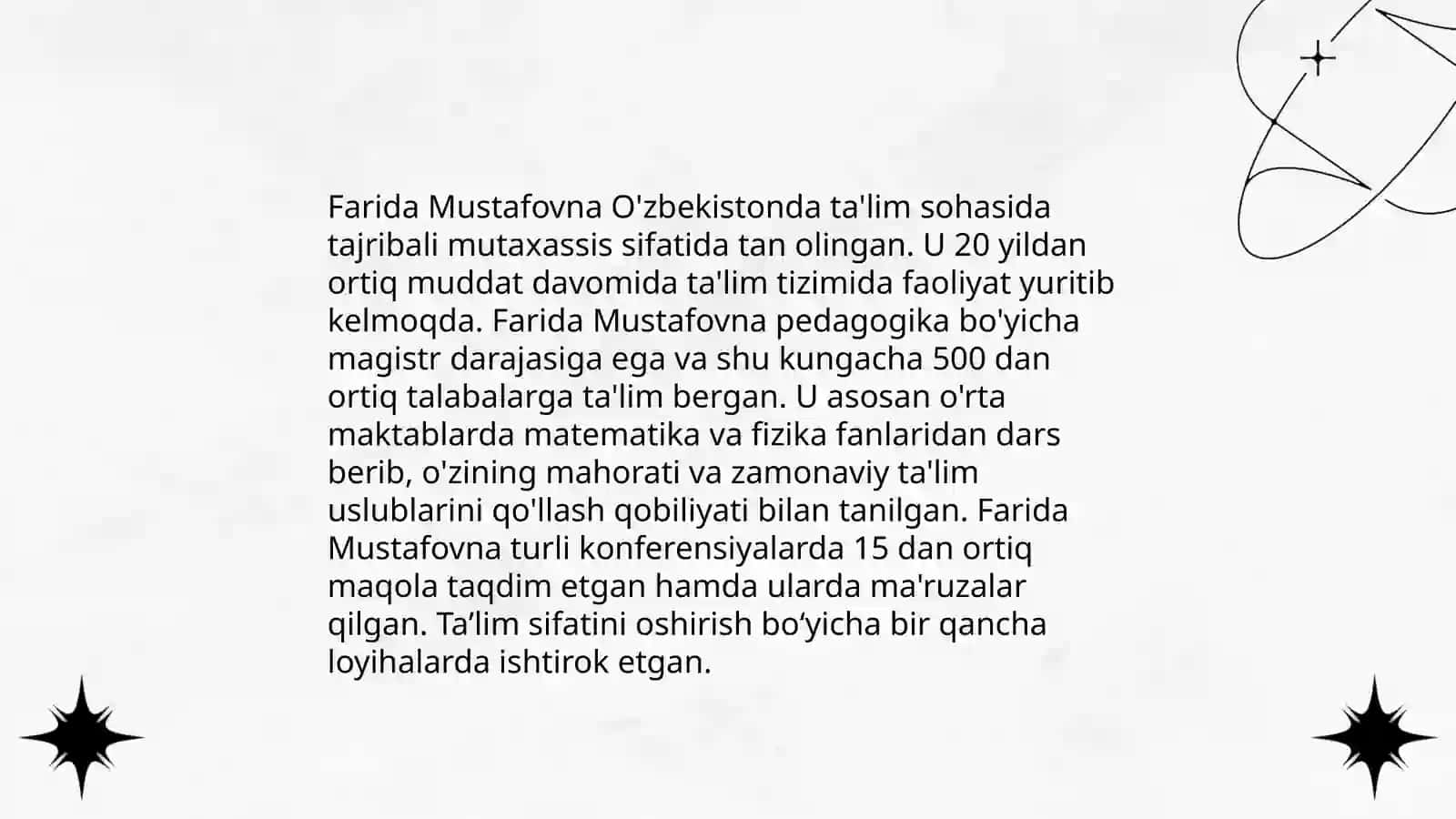 Farida Mustafovna Atsamba: Hayoti va faoliyati 4