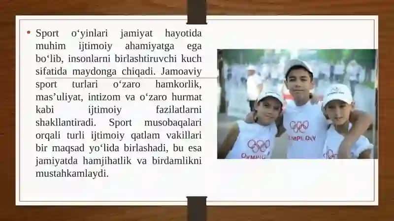 Sport oʻyinlarining ijtimoiy va madaniy ahamiyati yoshlar sogʻlom turmush va sport madaniyati 4