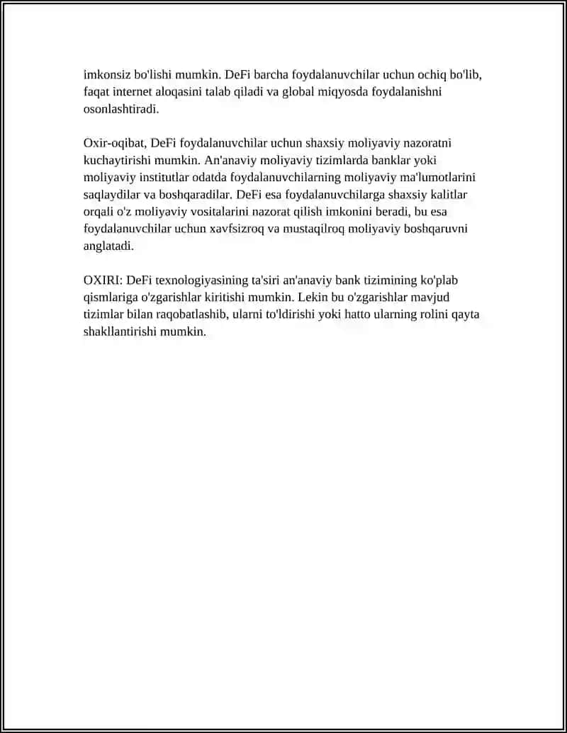 MARKAZLASHTIRILMAGAN MOLIYA (DEFI): AN'ANAVIY MOLIYAVIY TIZIMLARNI QANDAY O'ZGARTIRISHI MUMKIN 4