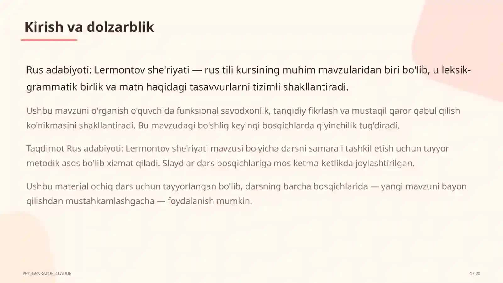 Rus adabiyoti: Lermontov she'riyati (9-sinf) 4