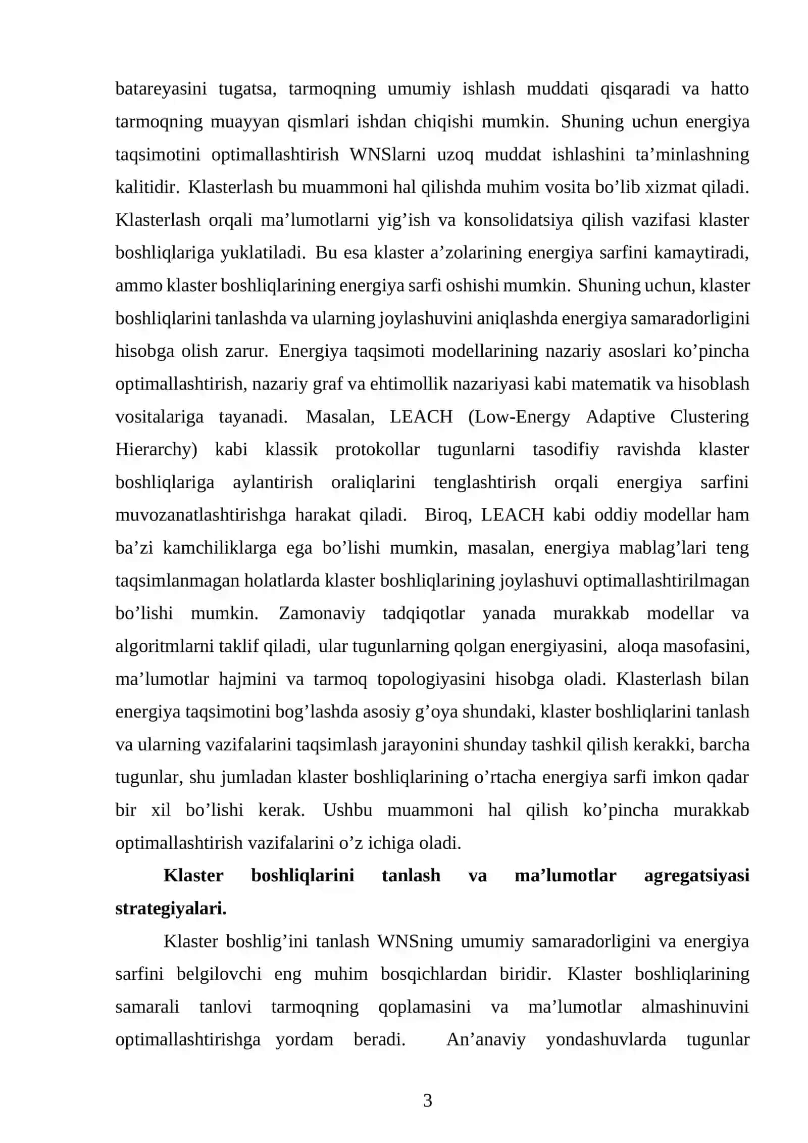 Klasterlash asosida sensor tugunlar o‘rtasida energiyani teng taqsimlash jarayonini o‘rganish va modellashtirish 4