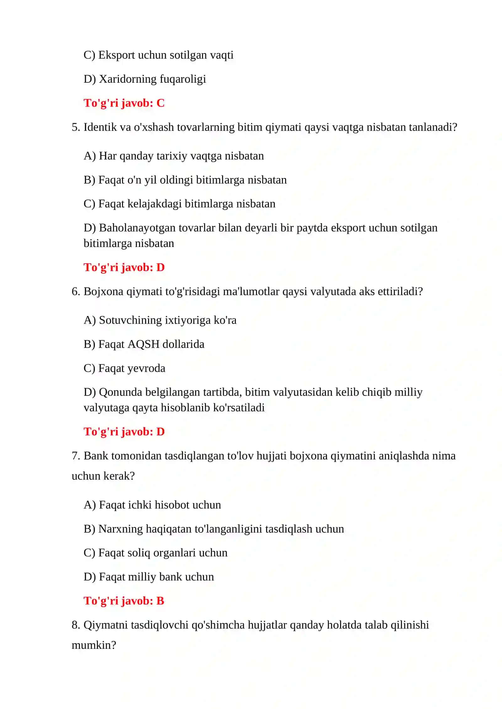 BOJXONA QIYMATI NAZORAT TESTLARI 4