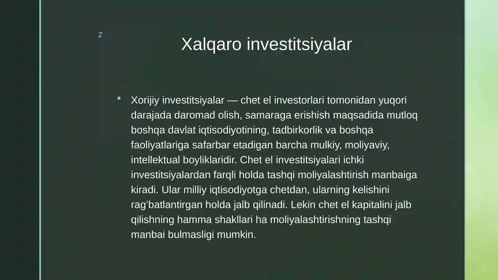 Xalqaro biznes faoliyatida xorijiy vatoʻgʻri dantogriinvestitsiyalarni roli 4