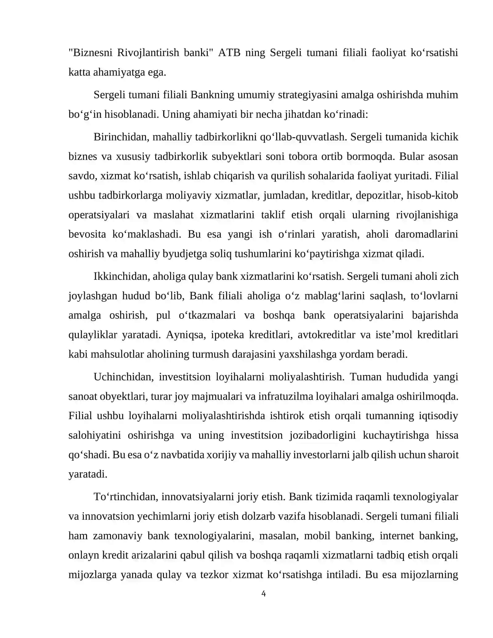 Biznesni Rivojlantirish banki ATB Toshkent shahri Sergeli tuman filiali 4