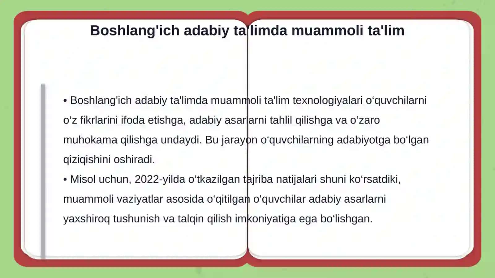 Boshlang'ich adabiy ta'limda o‘quvchi ma'naviyatini kamol toptirishda muammoli ta'lim texnologiyasining o‘rni 4