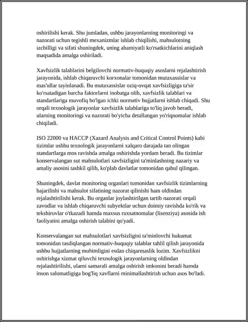 KONSERVALANGAN SUT MAHSULOTLARI XAVFSIZLIK TALABLARIGA JAVOB BERUVCHI TEXNOLOGIK JARAYONLARNI OLDINDAN REJALASHTIRISH 4