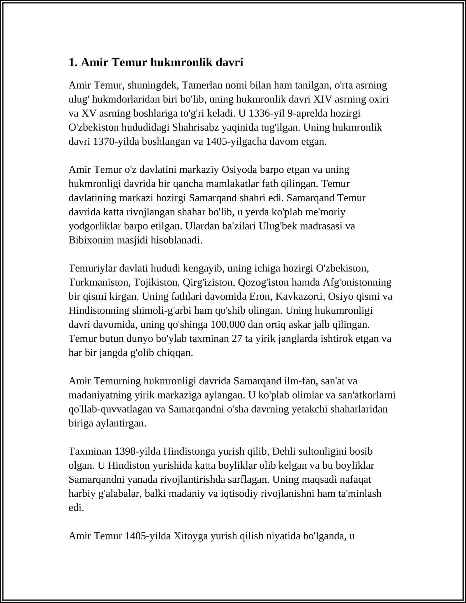 "AMIR TEMUR SALTANATIDA XAVFSIZLIK XIZMATI" XAMDAM SODIQOVNING KITOBIGA MUSTAQIL ISH 4